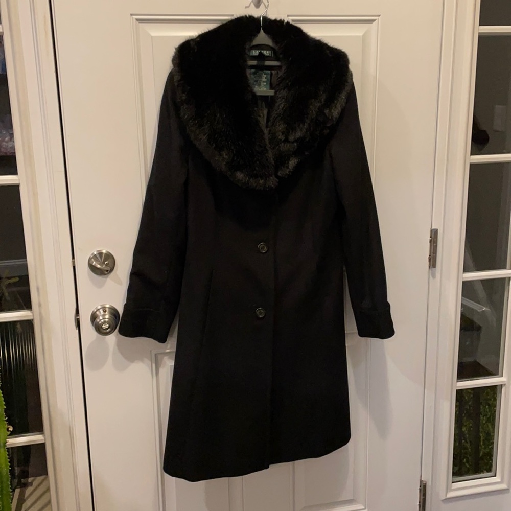 Ralph Lauren Black Dress Coat Faux Fur